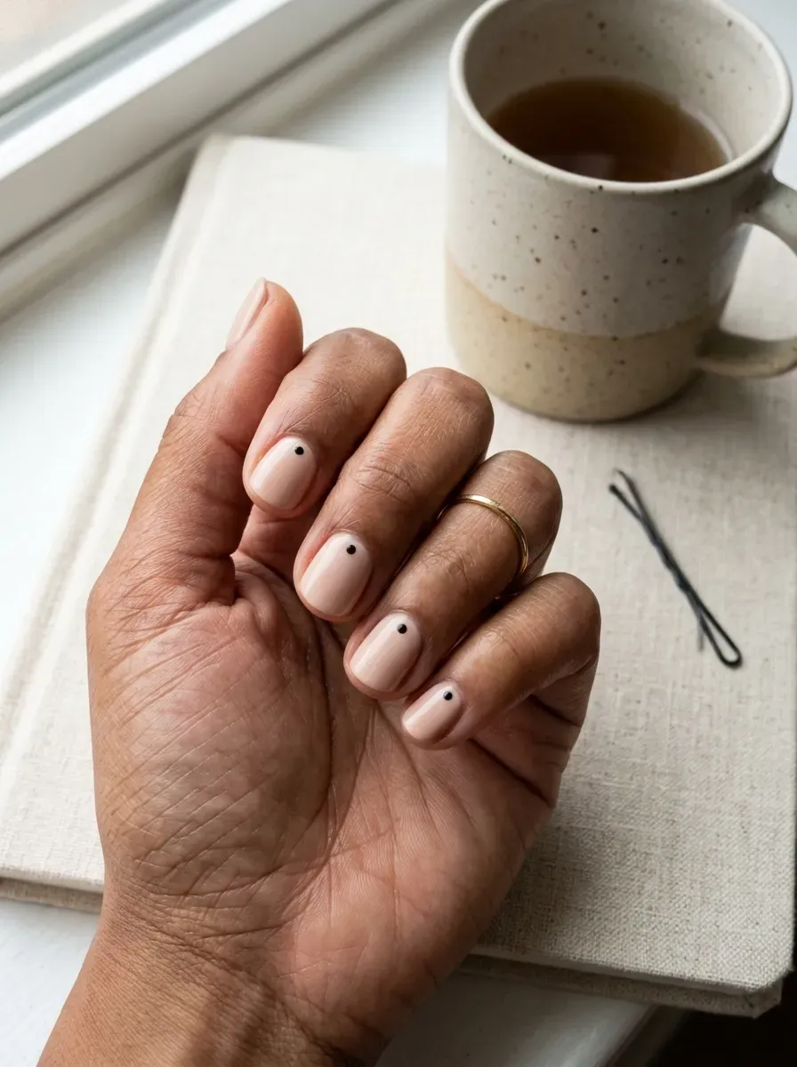 Short nude nails with single black dots near each cuticle