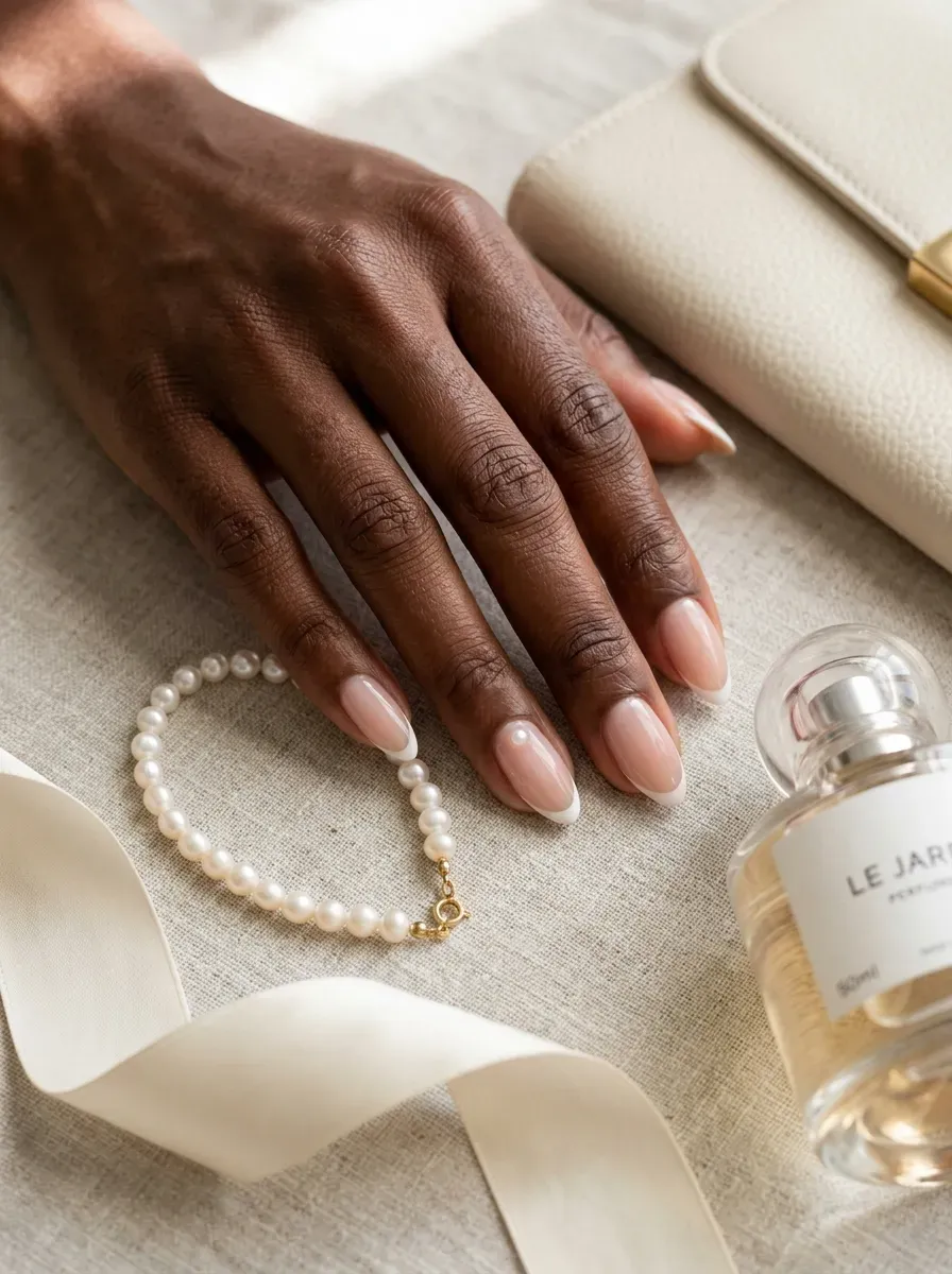 Natural French manicure with one tiny pearl accent on each hand