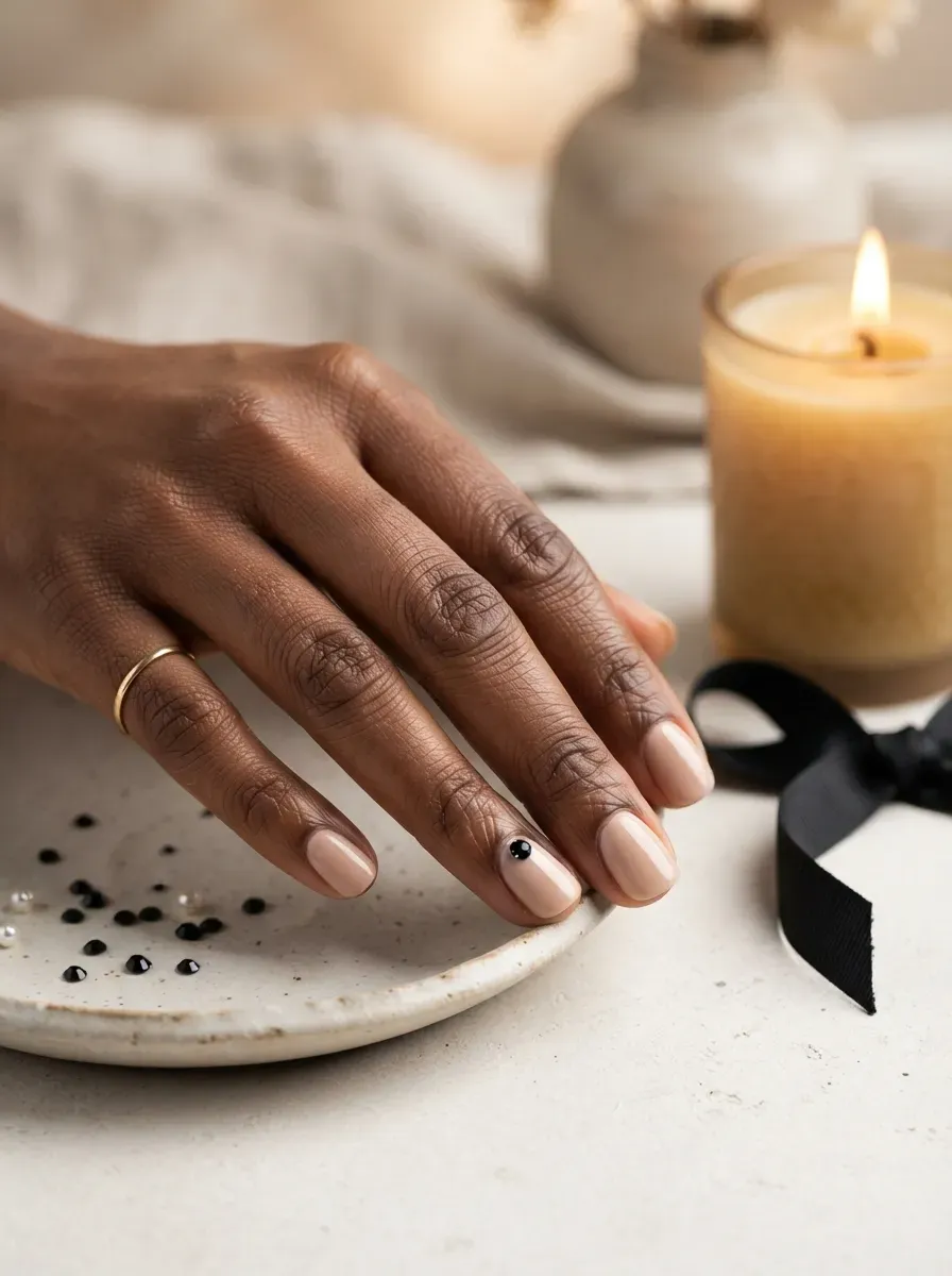 One short nude nail with a single black rhinestone placed near the cuticle on rich dark skin tone
