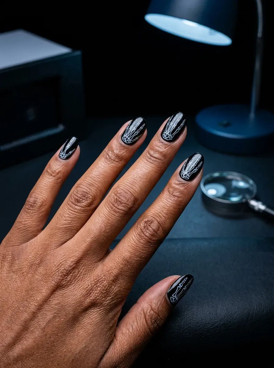 Close-up of white bone X-ray nail art over a black base on brown skin