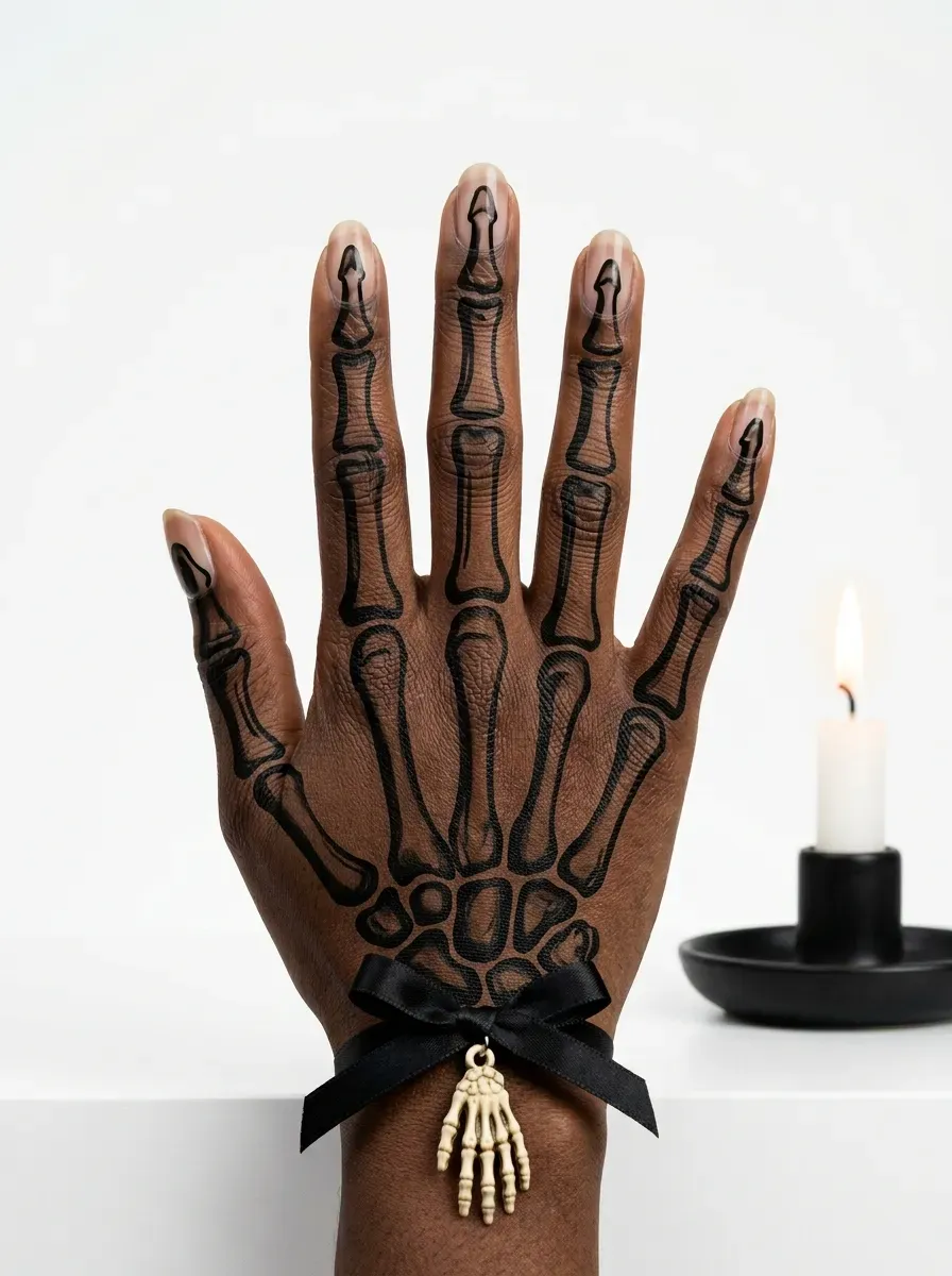 Nails with a solid black skeleton hand silhouette painted across a white base on rich dark skin tone