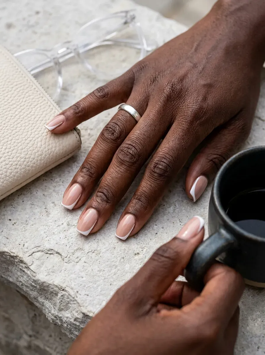 Natural nude nails with delicate white lines sweeping along one side