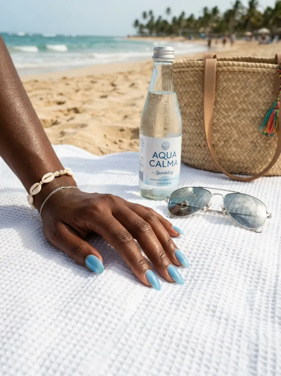 Translucent sky blue nails on deep brown skin beside beach accessories