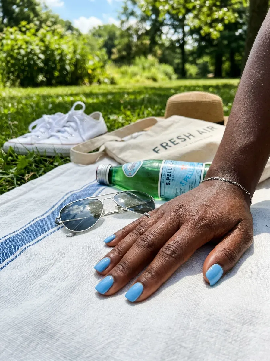 Sky blue short nails on rich dark skin with outdoor summer styling