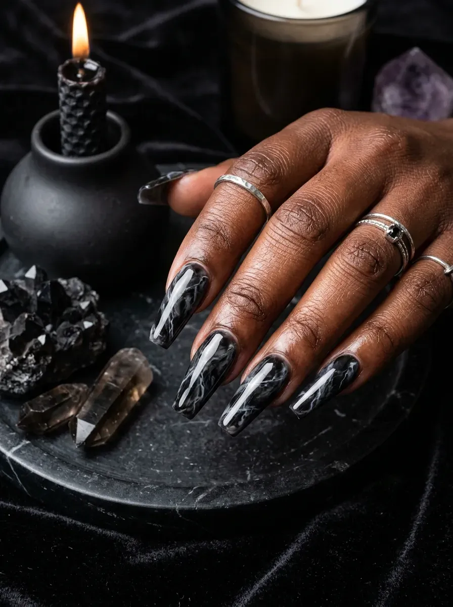 Black marble witch nails with smoky gray swirling patterns