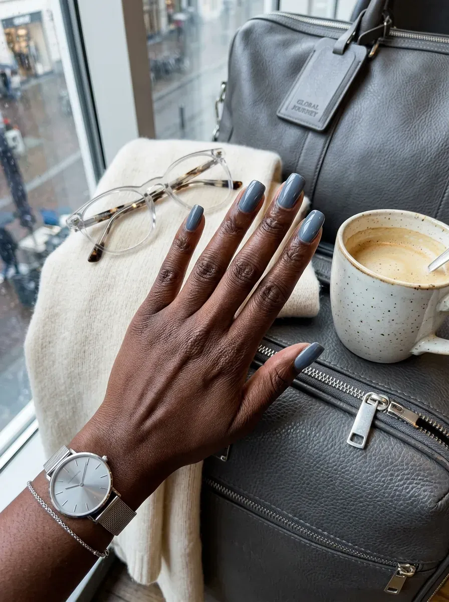 Smoky blue glossy nails on deep brown skin with cool travel accessories