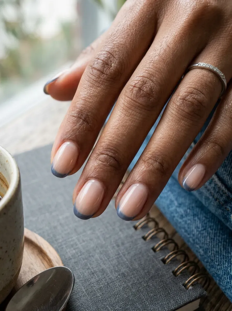 Short sheer nails with smoky blue French tips on brown skin