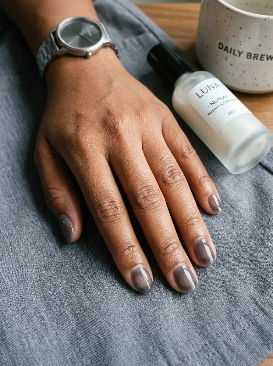 Short oval nails with translucent smoky gray jelly polish on brown skin