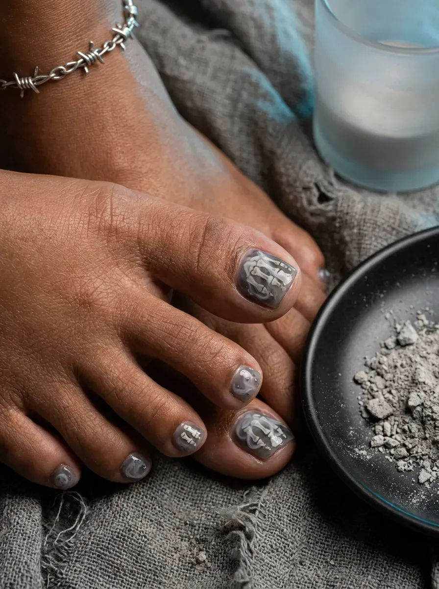 Translucent smoky gray jelly polish on short toenails with brown skin