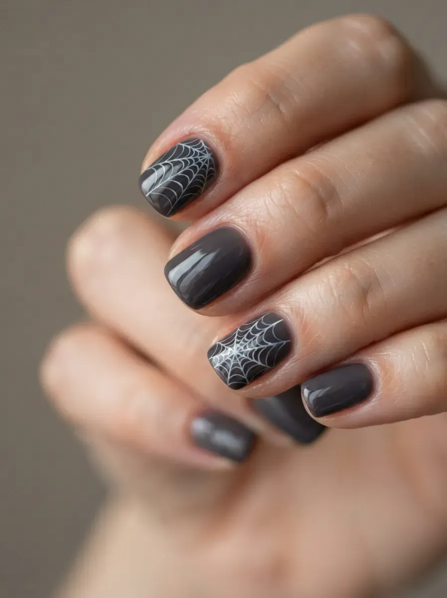Short smoky gray nails with delicate white spiderweb Halloween details