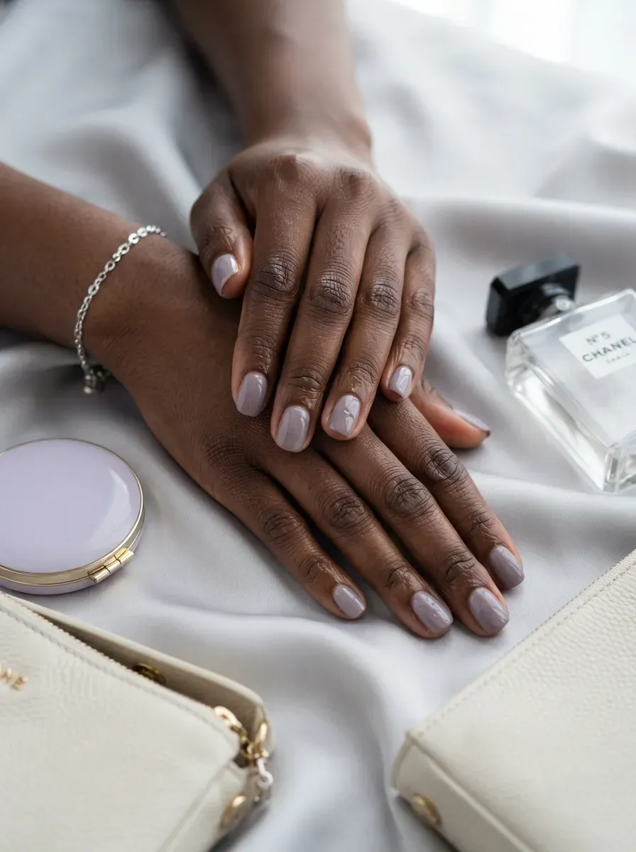 Smoky lavender short nails on deep brown skin with cool neutral accessories