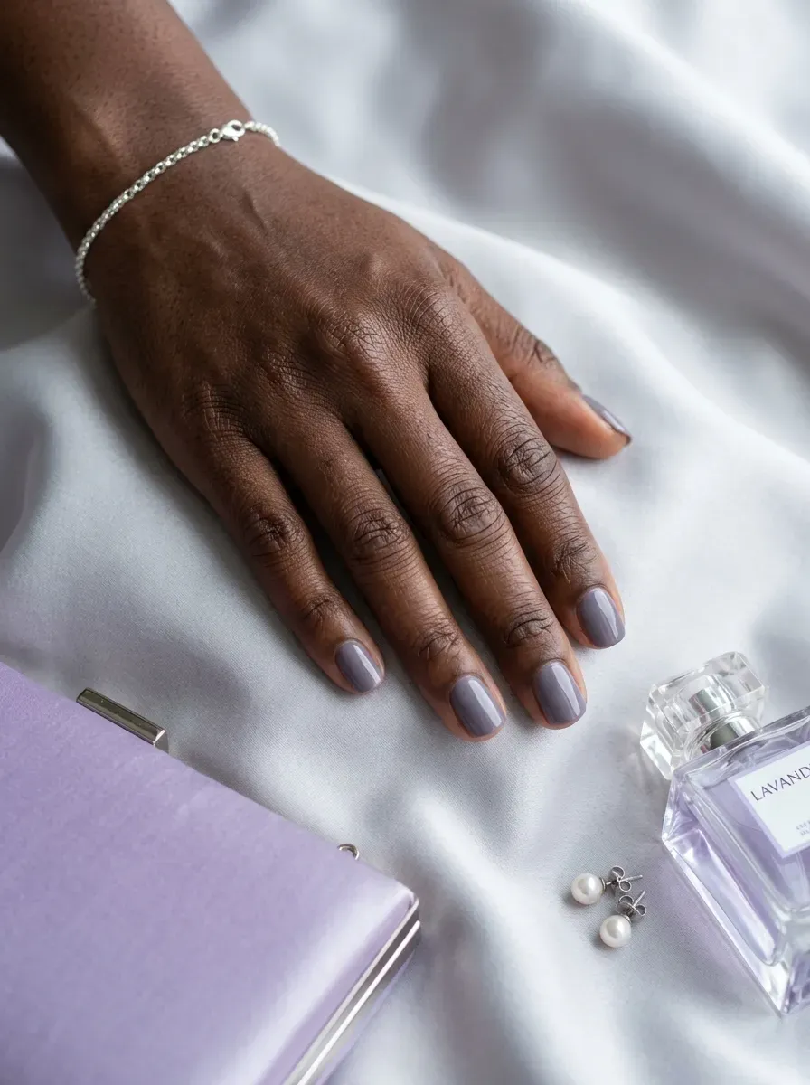 Smoky lavender short nails on deep brown skin with silver wedding accessories
