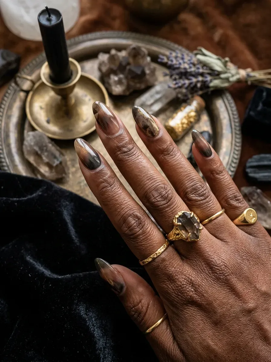 Crystal inspired smoky quartz Halloween manicure