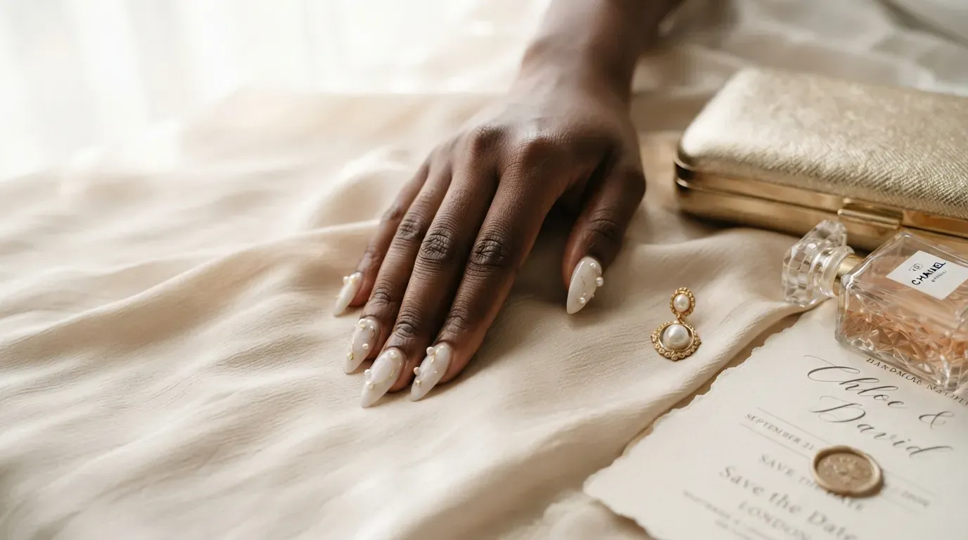 Long square nails with translucent smoky brown quartz-like layers