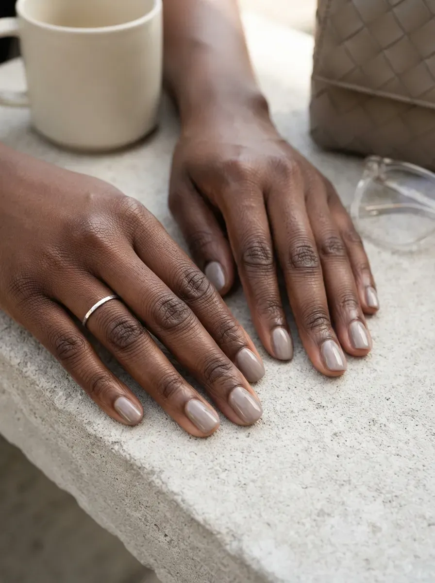 Smoky taupe short nails on deep brown skin with neutral gray styling