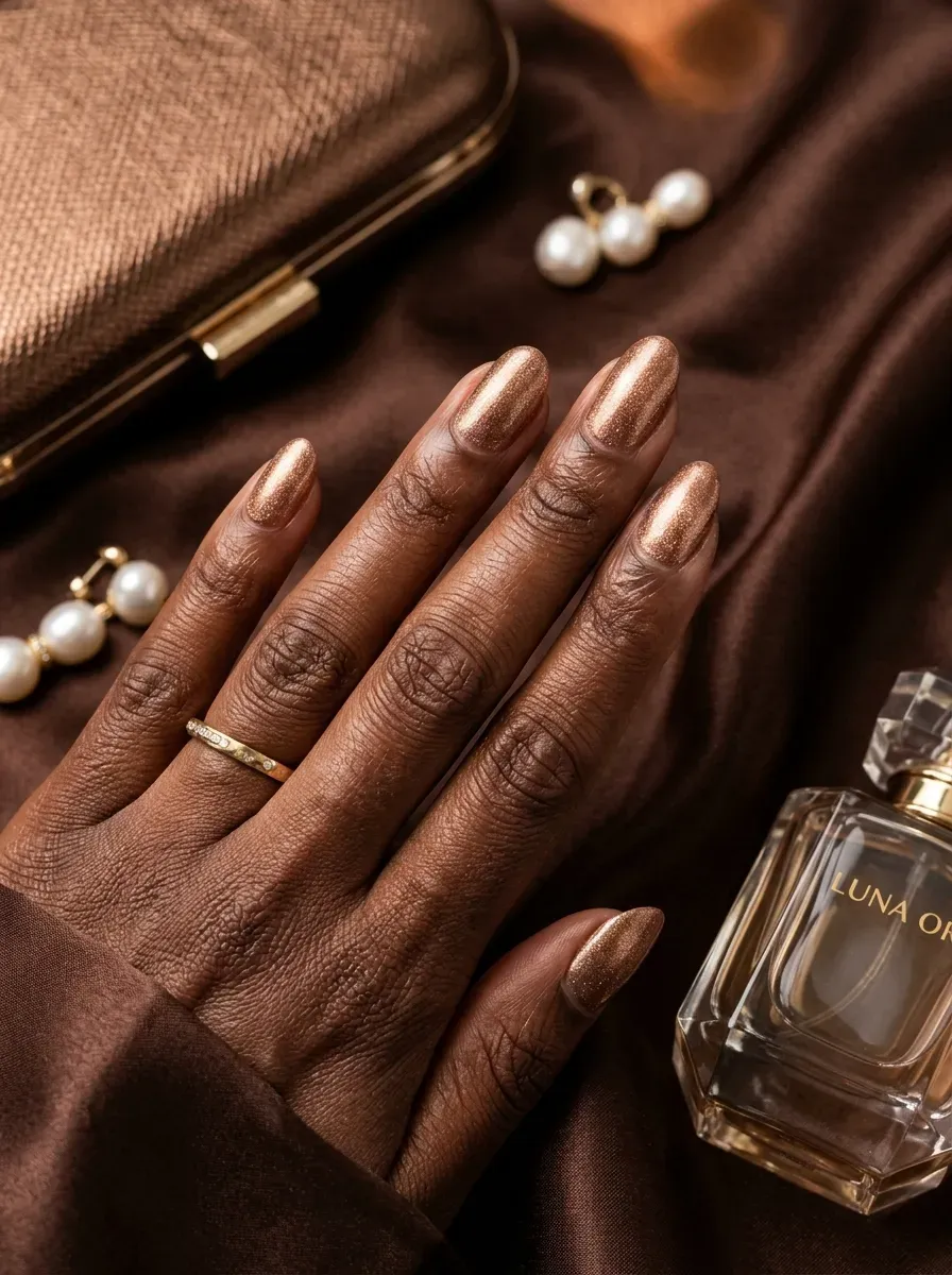 Bronze shimmer oval nails on rich dark skin with evening wedding accessories