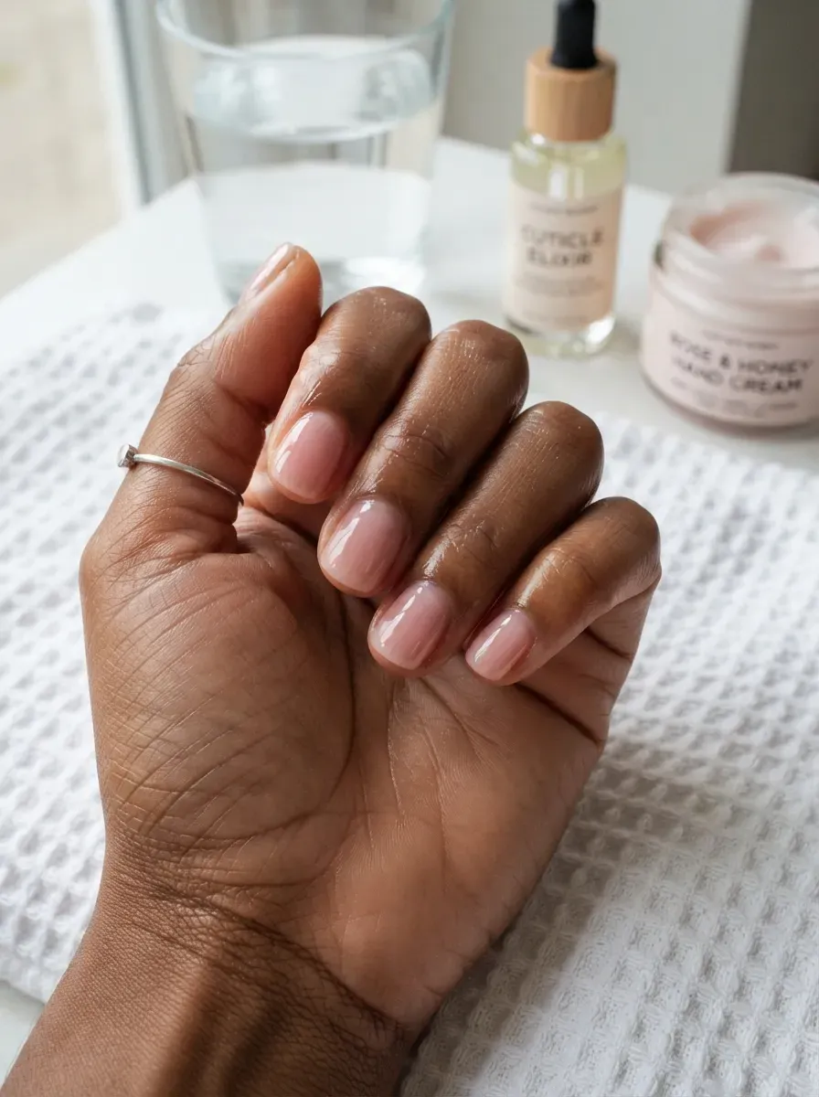 Short nude nails with diffused brown aura centers on deep brown skin