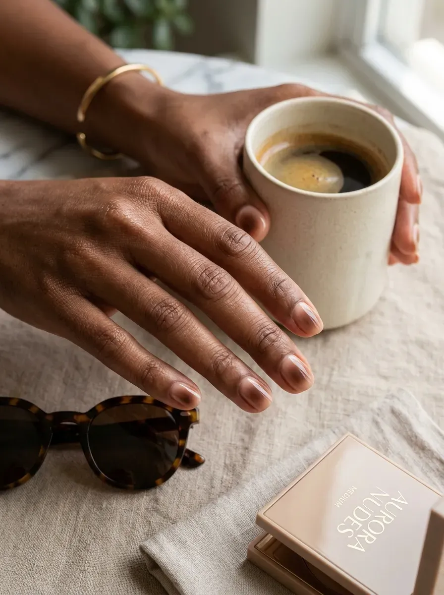 Short nude nails with soft cocoa aura centers on rich brown skin