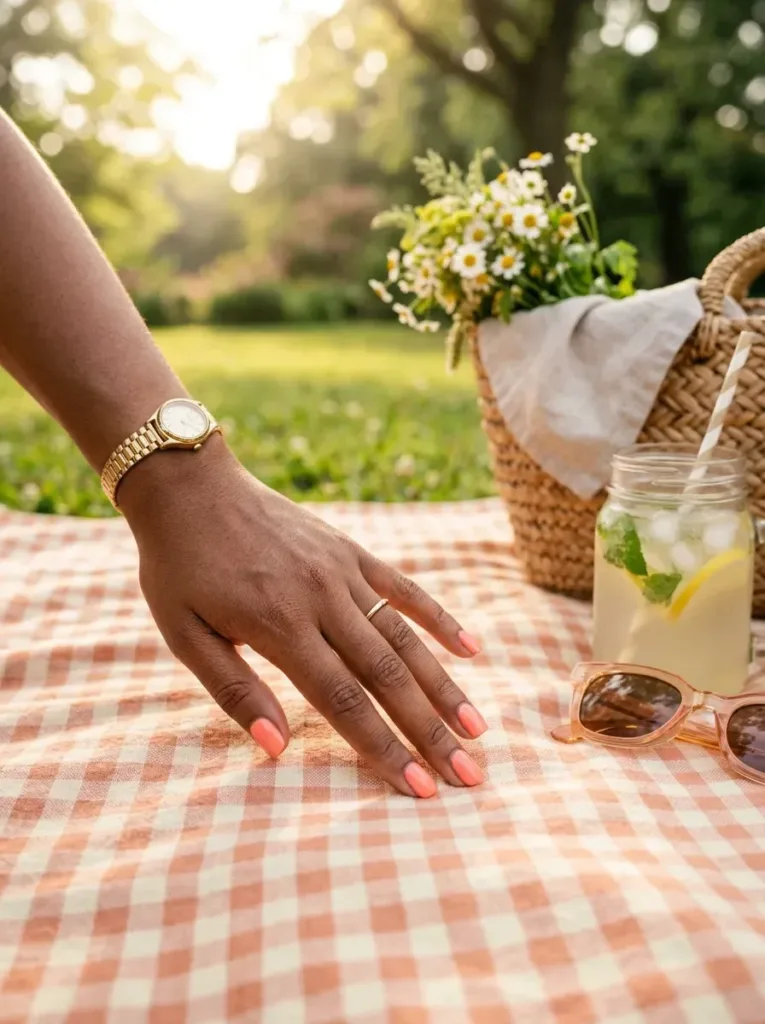 Soft coral short nails on warm brown skin with late summer picnic props