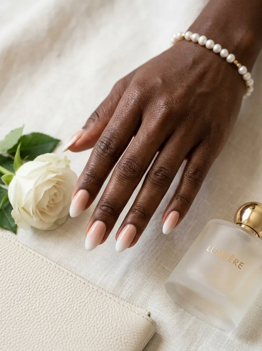 Soft white ombré fading into nude almond nails on deep skin