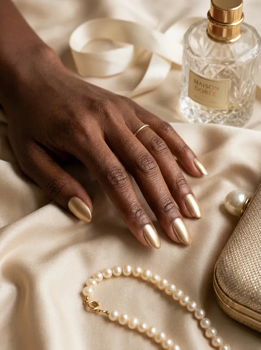 Soft metallic gold nails on deep chestnut skin with champagne wedding accessories