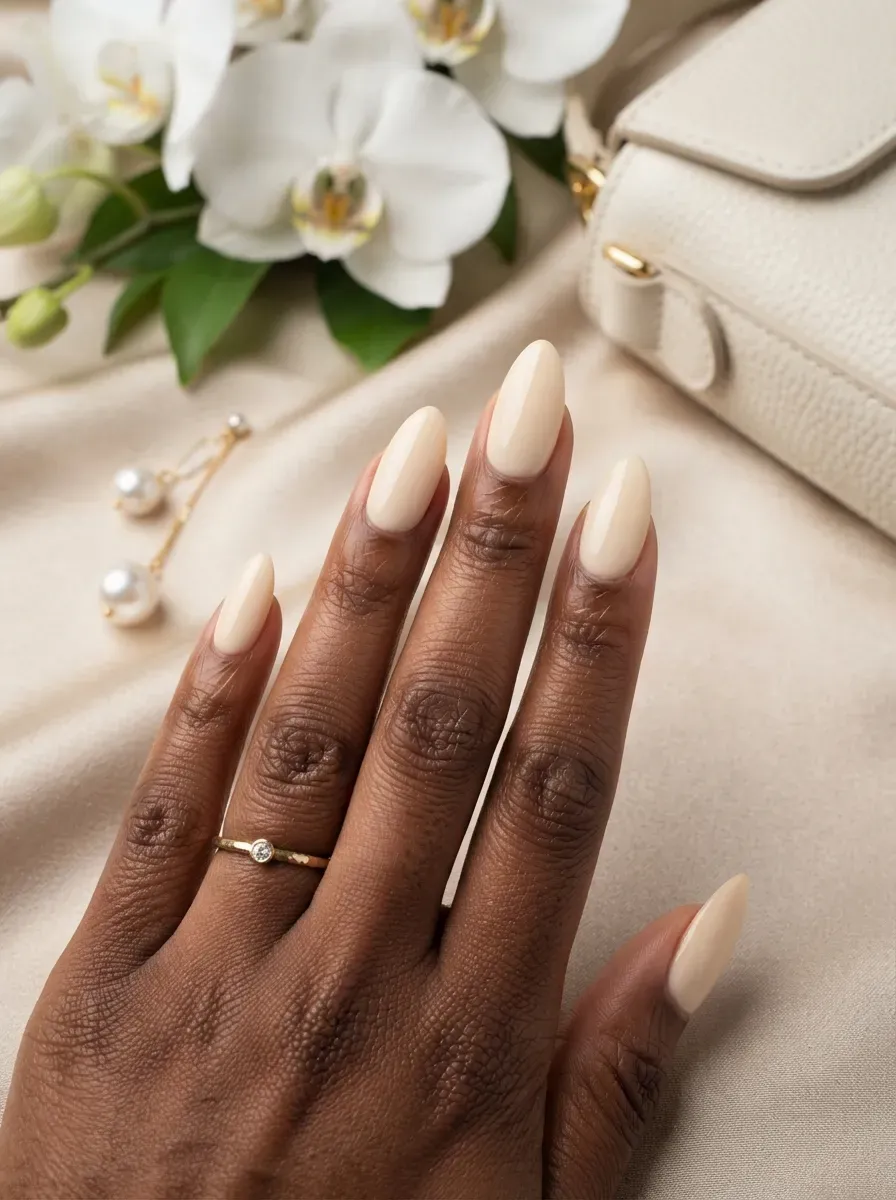 Deep ivory French tips on long almond nails over dark brown skin