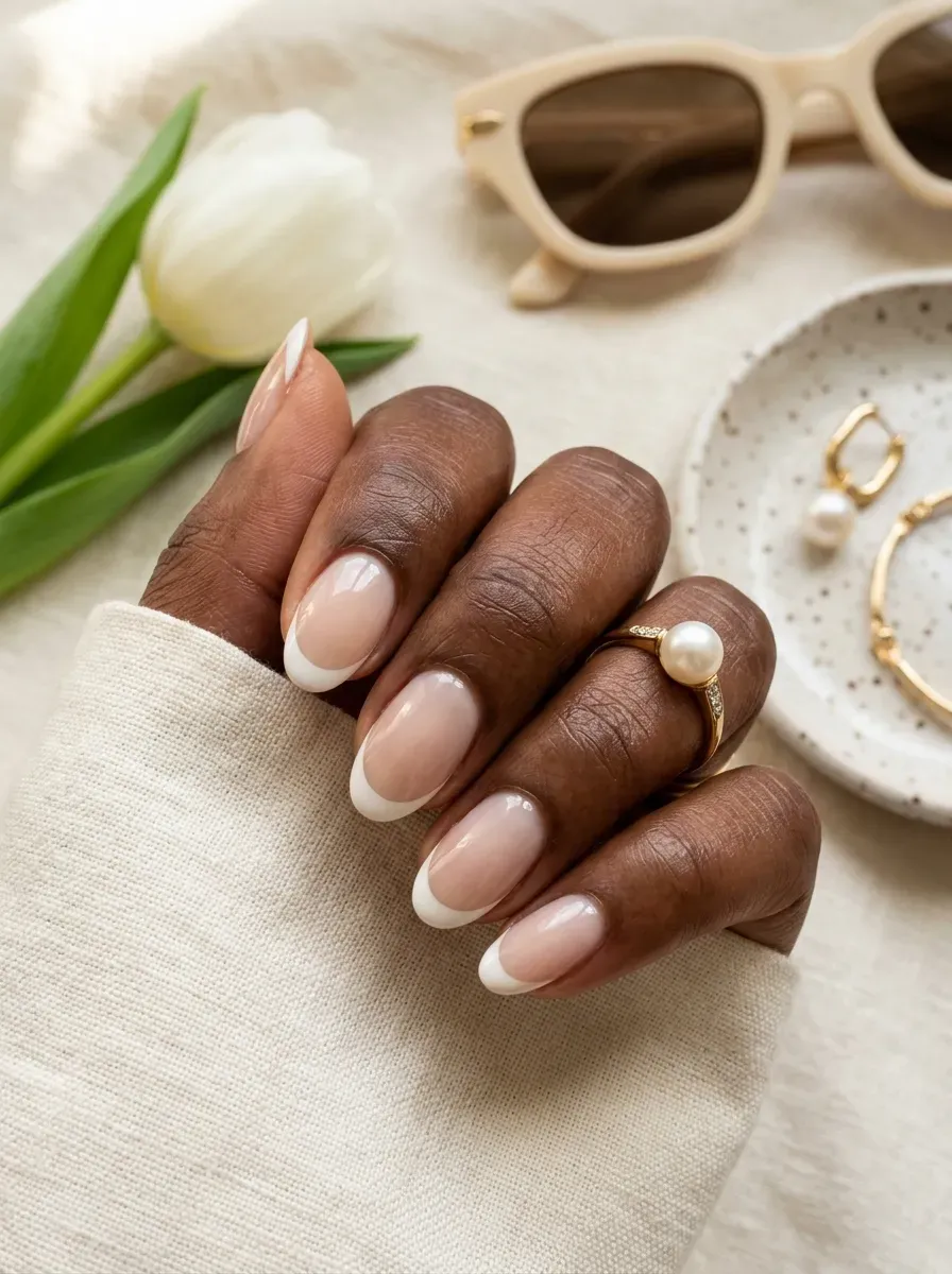 Oval nude nails with warm ivory French tips on chestnut skin