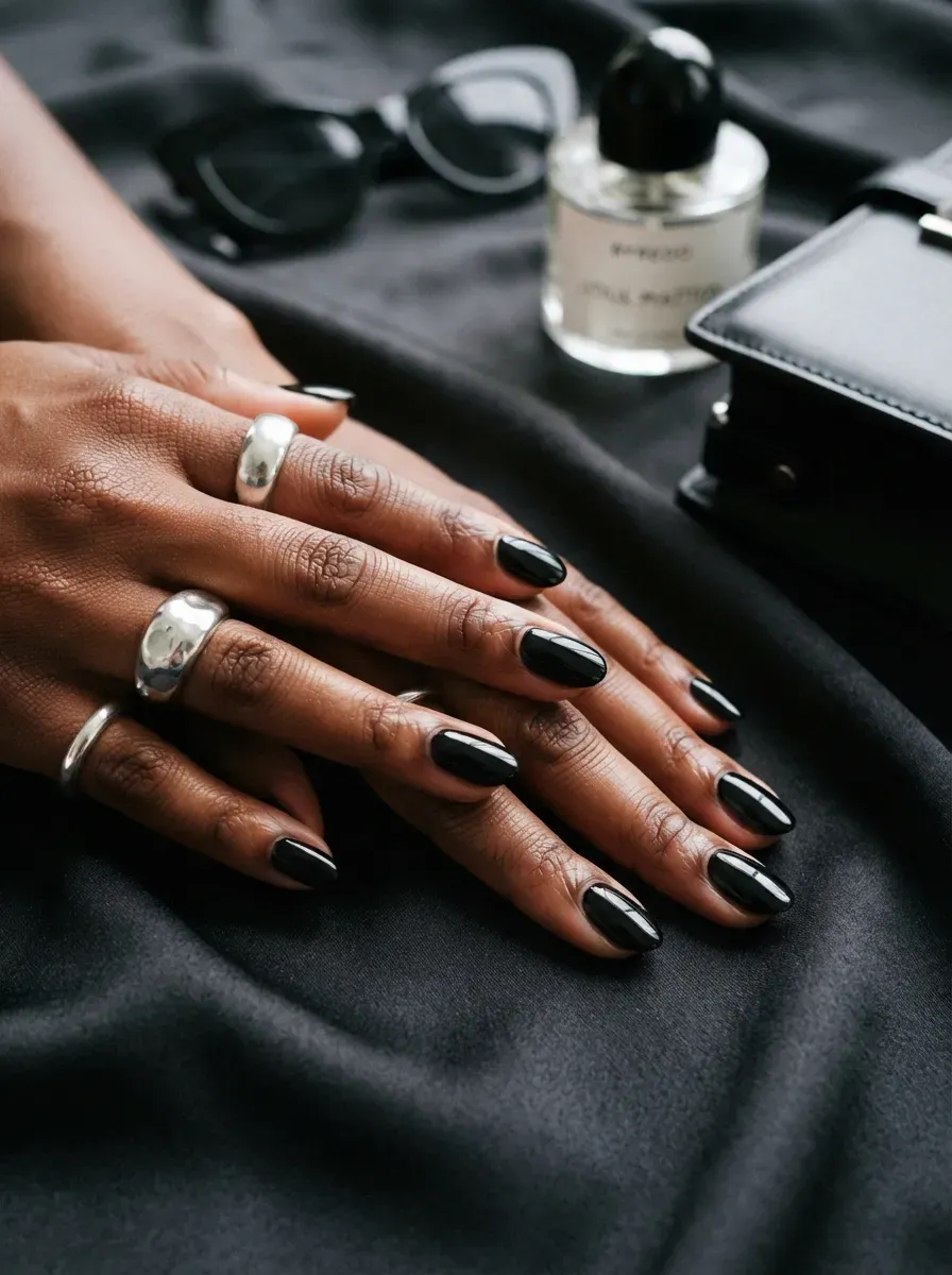 Glossy licorice black oval nails on rich brown skin with silver styling