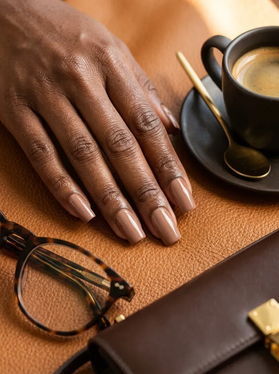 Medium soft mocha square nails on deep brown skin with coffee accessories