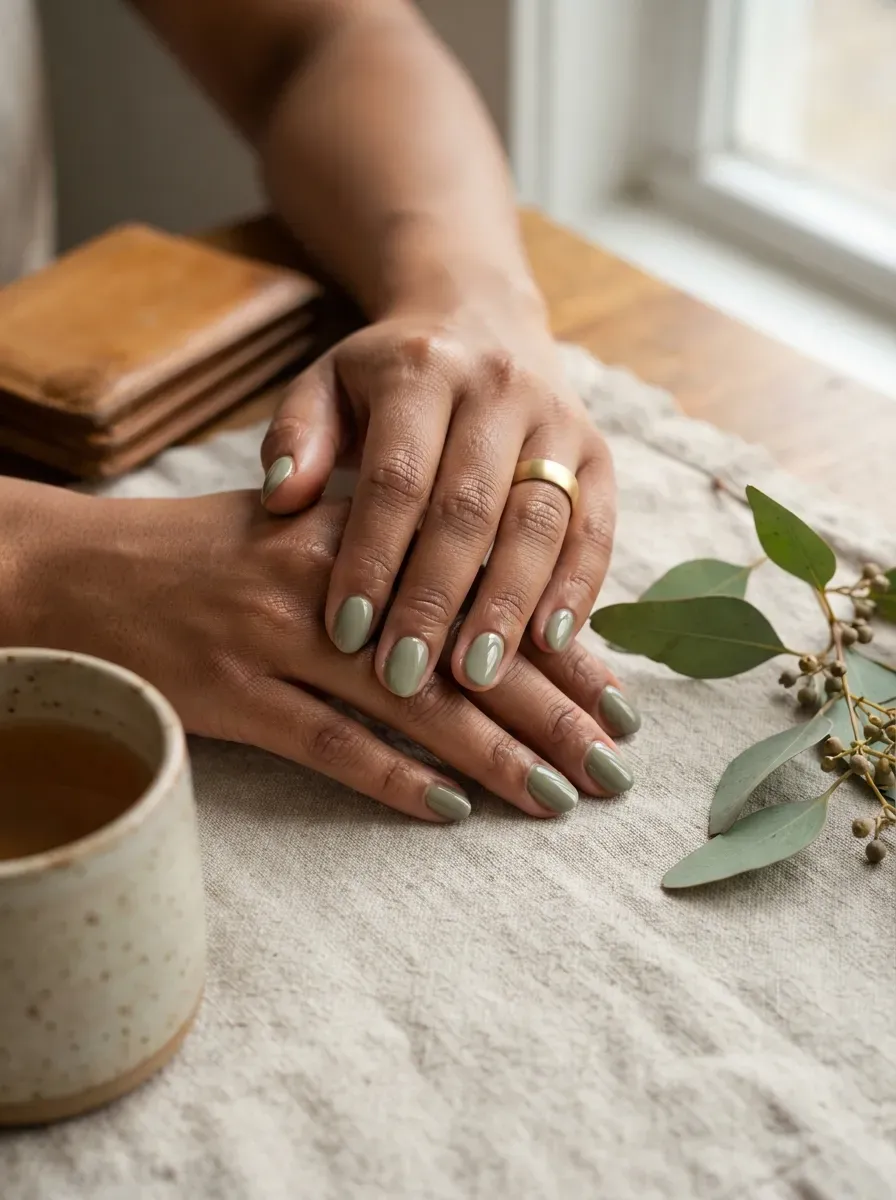 Muted olive neutral nails on brown skin with earthy beige accessories