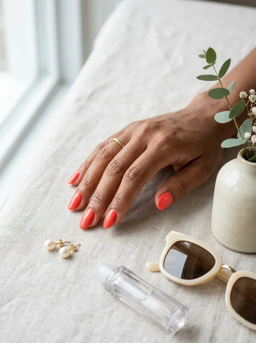 Soft oval nude nails with delicate white French tips on warm skin