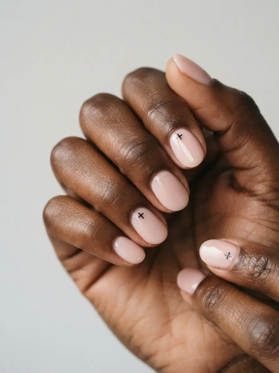 Soft pink nails with minimalist black cross accents on rich dark skin