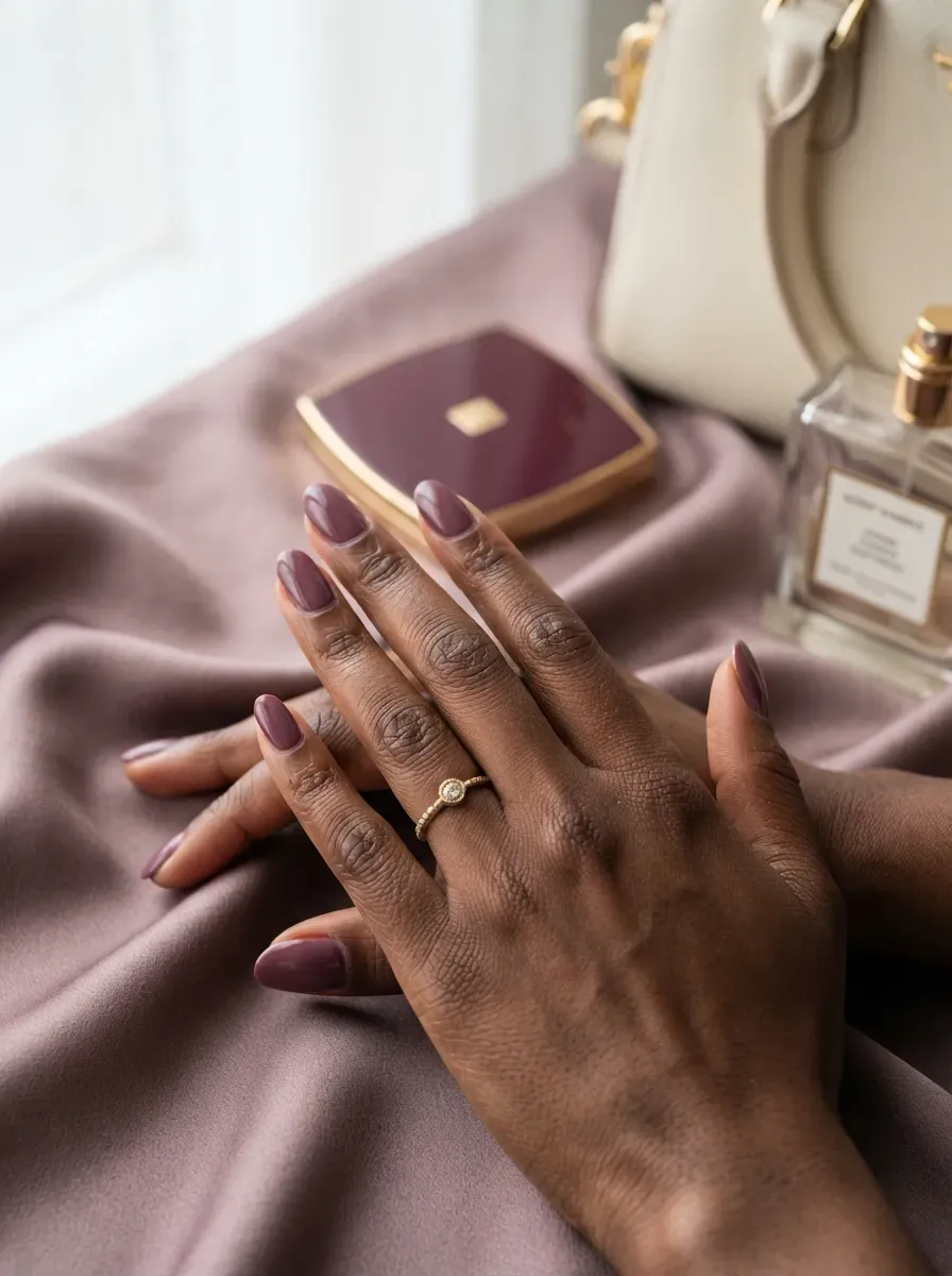 Soft plum oval nails on rich dark skin with mauve autumn accessories