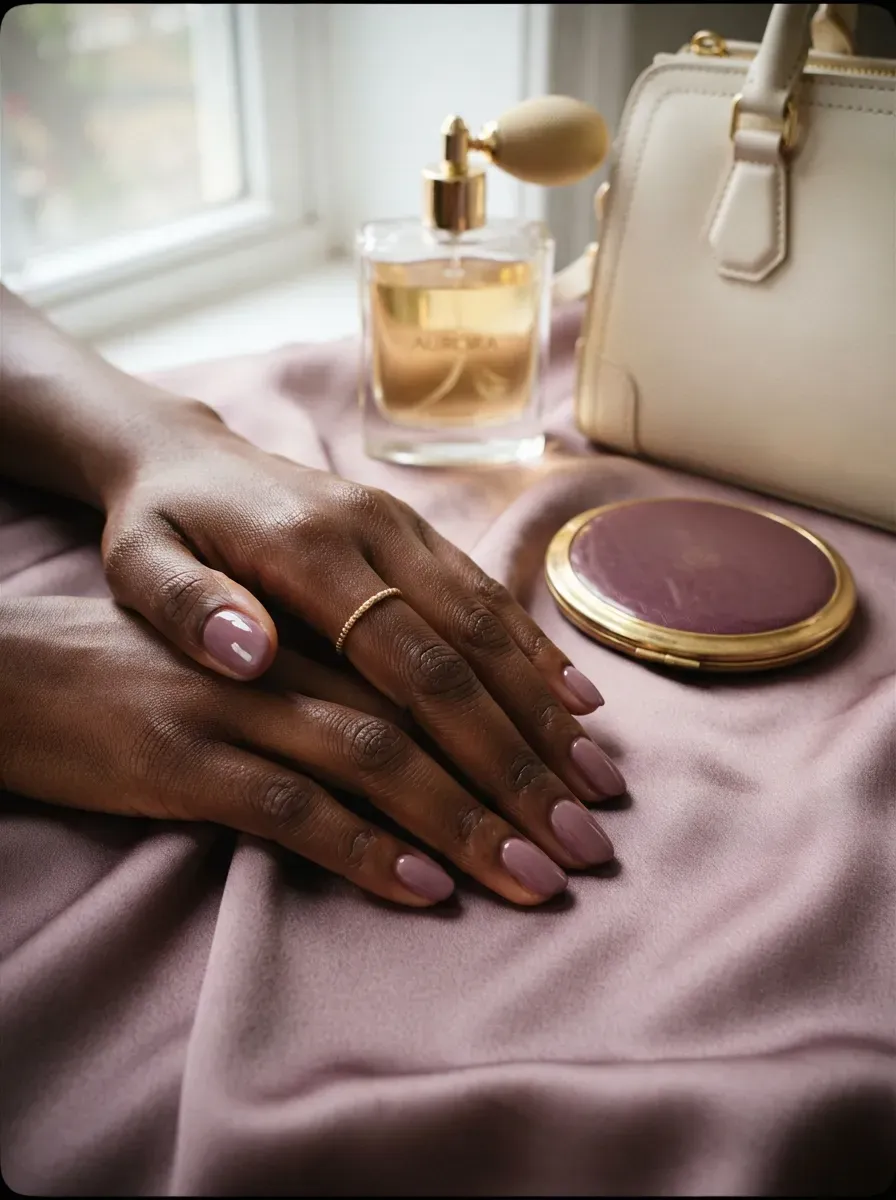 Soft plum glossy nails on deep chestnut skin with mauve accessories