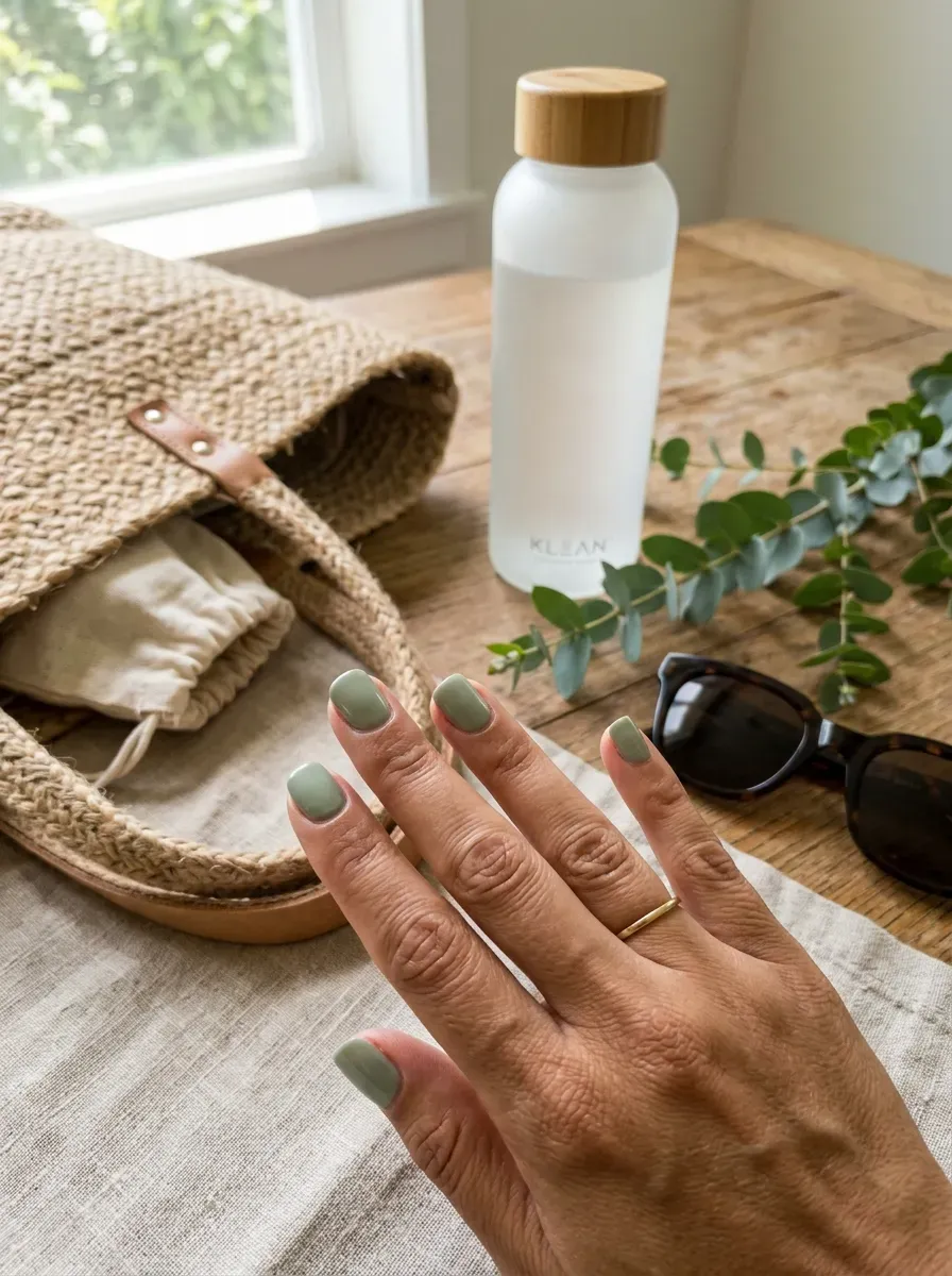 Short squoval nails painted with muted sage green cream polish