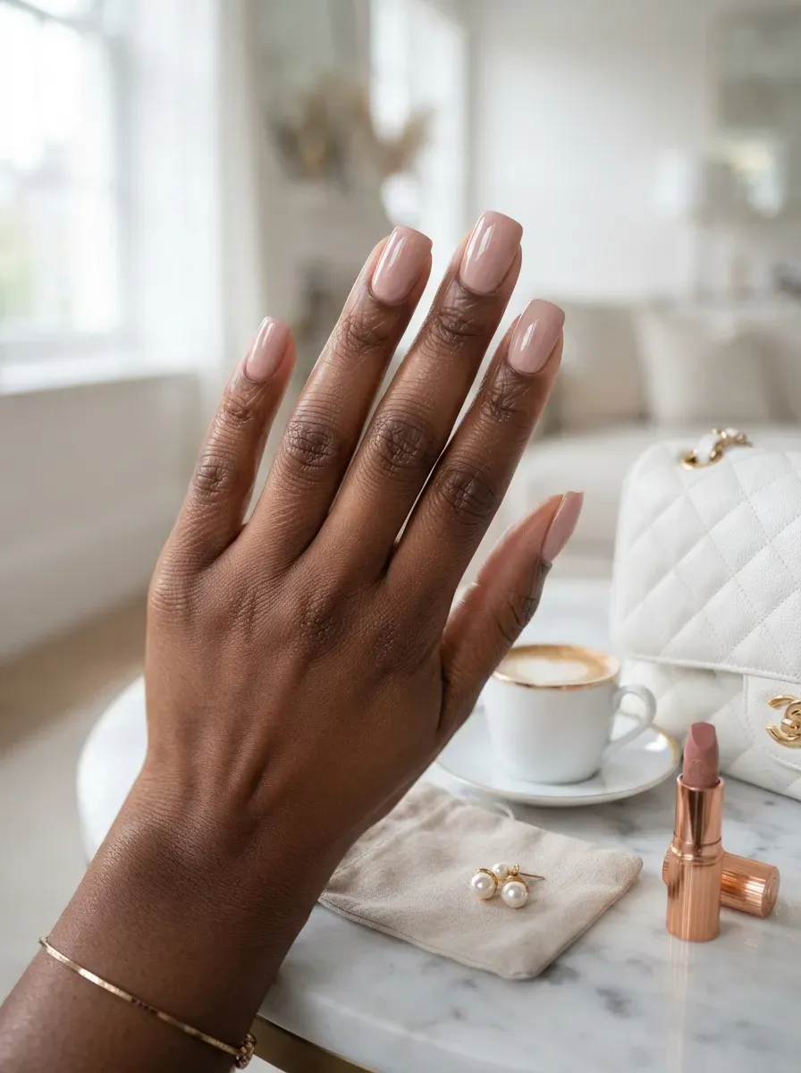 Medium soft square nails with crisp white French tips and sheer pink base