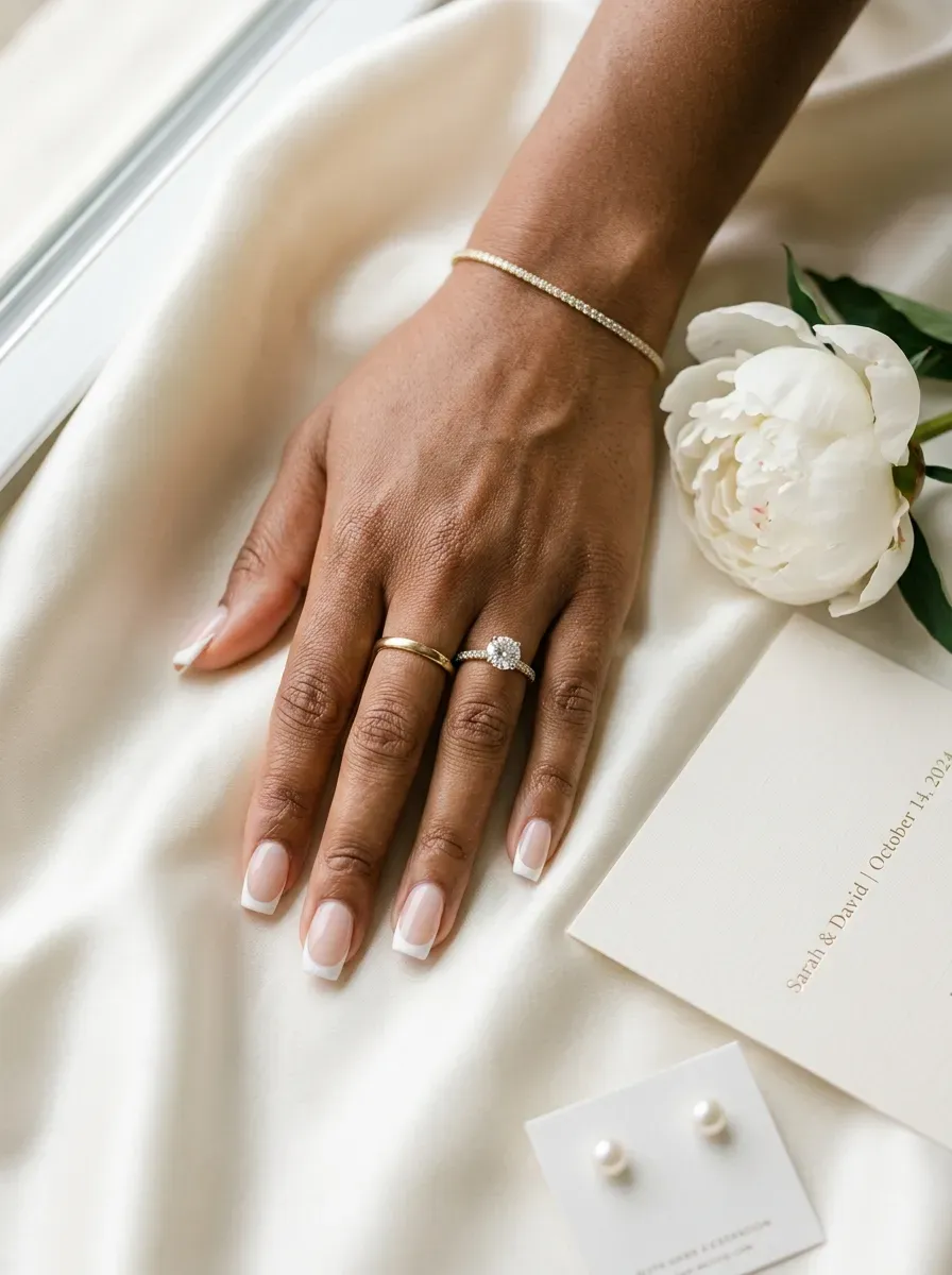 Medium soft square nails with crisp white tips and nude base