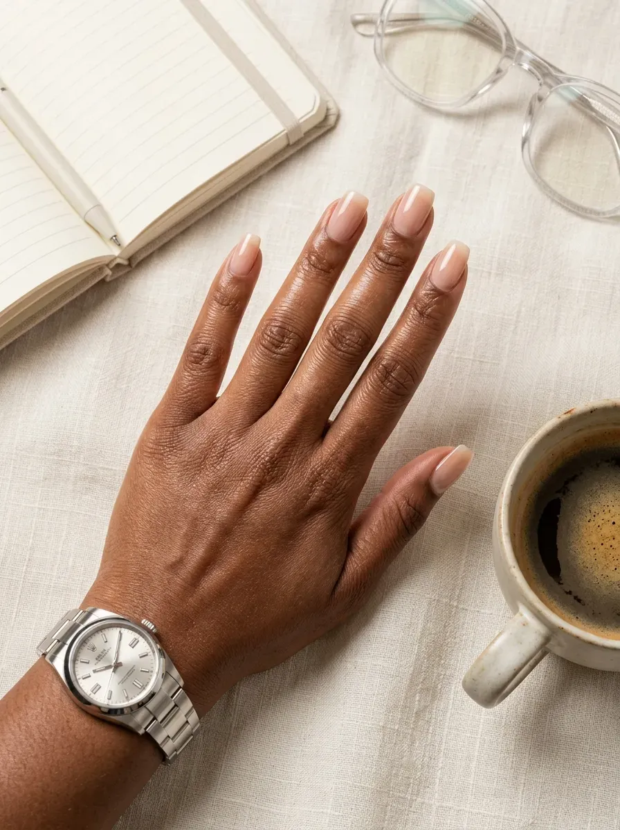 Soft square nails with sheer nude base and slim white tips
