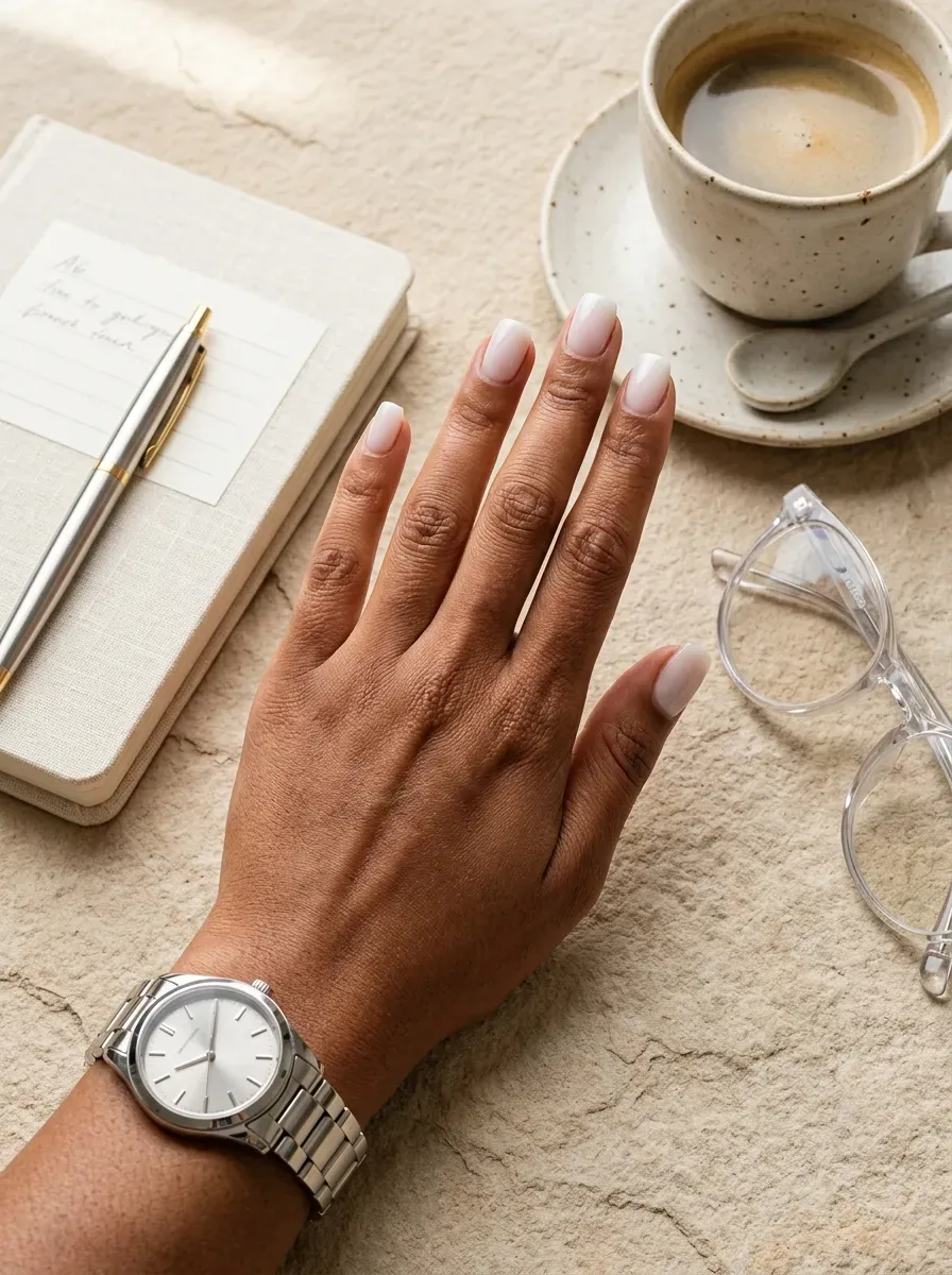 Soft square nails with nude to white French gradient on brown skin