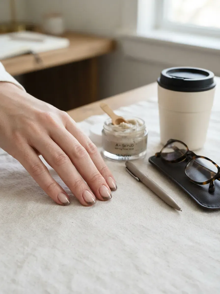 Short nude nails with narrow taupe French tips along free edges