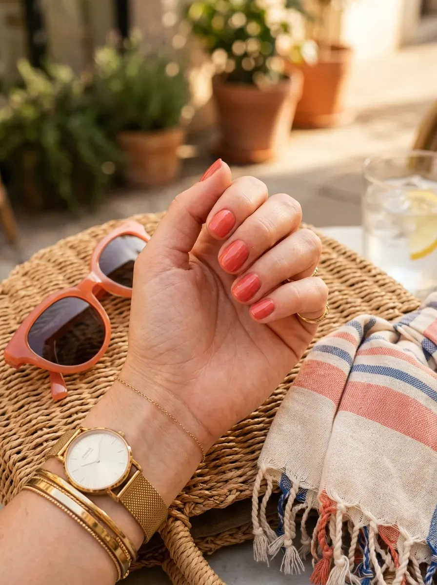 Short squoval nails painted with warm glossy tomato red polish
