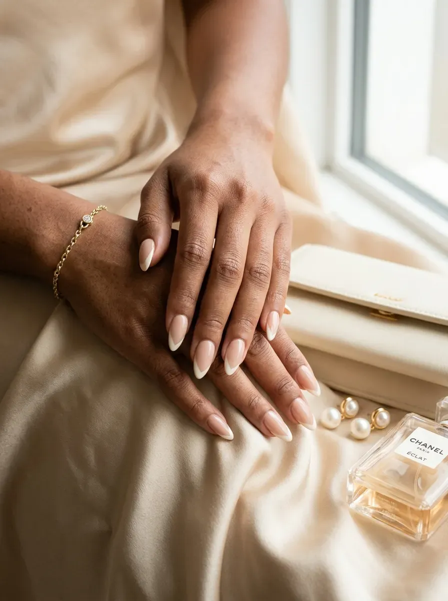 Nude almond nails with subtle ivory V shaped French tips