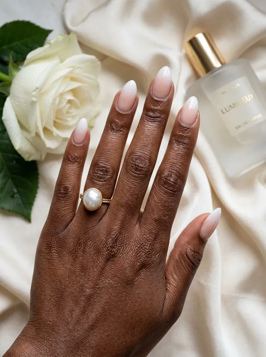 Soft white French fade blending into sheer nude almond nails