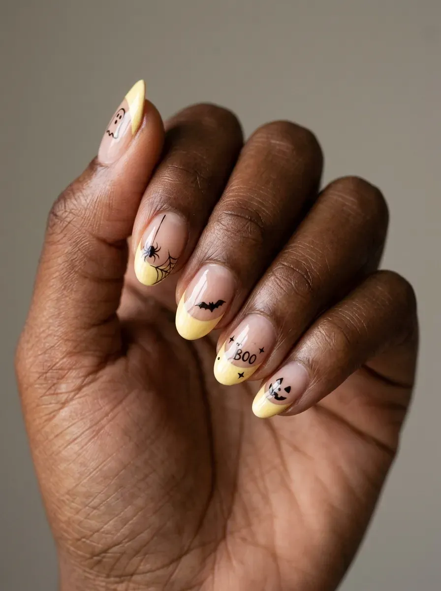 Short almond nails with pastel yellow and black Halloween French tips