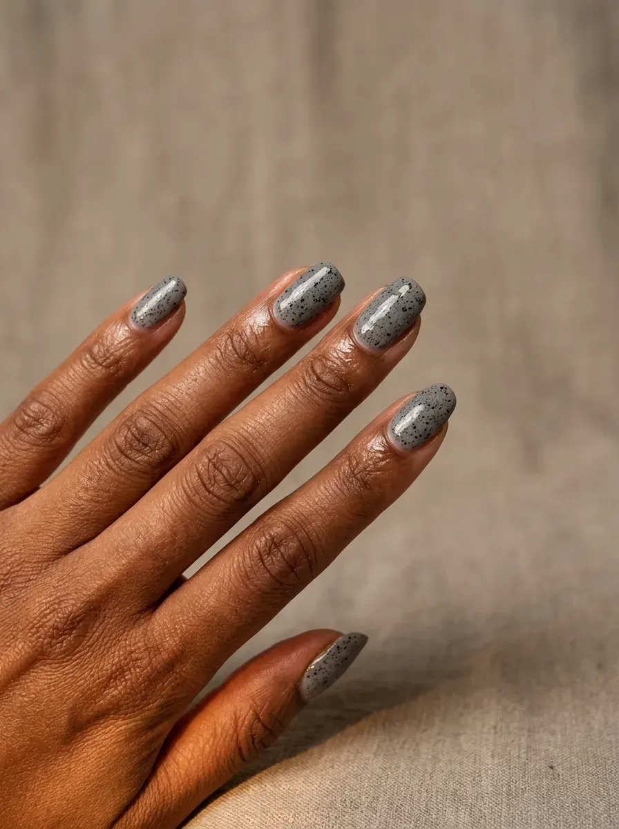 Gray nails with fine black speckle texture resembling stone
