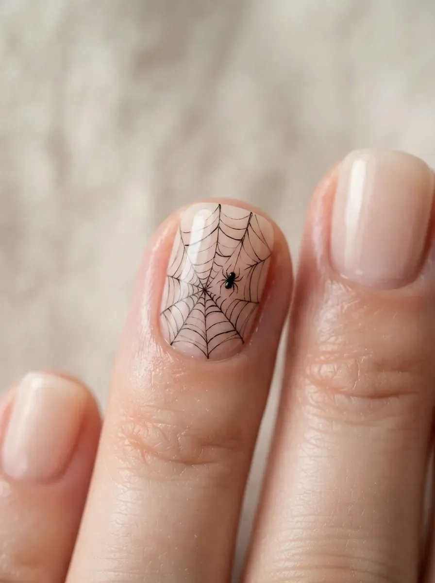 Short Halloween nails with tiny spider and delicate web accent