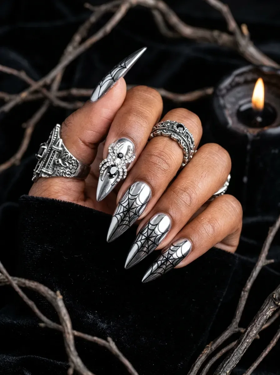 Chrome Halloween nails with delicate spiderweb artwork
