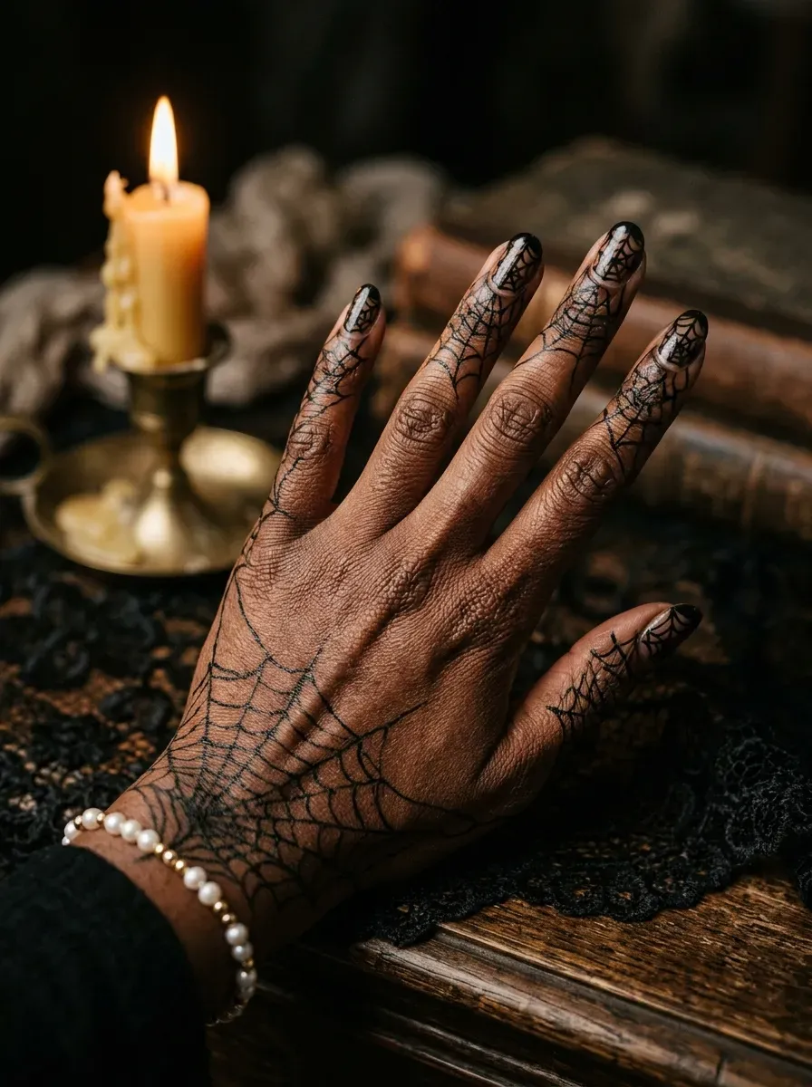 Nails with a fine black web pattern covering the whole hand resembling a lace glove on deep chestnut skin
