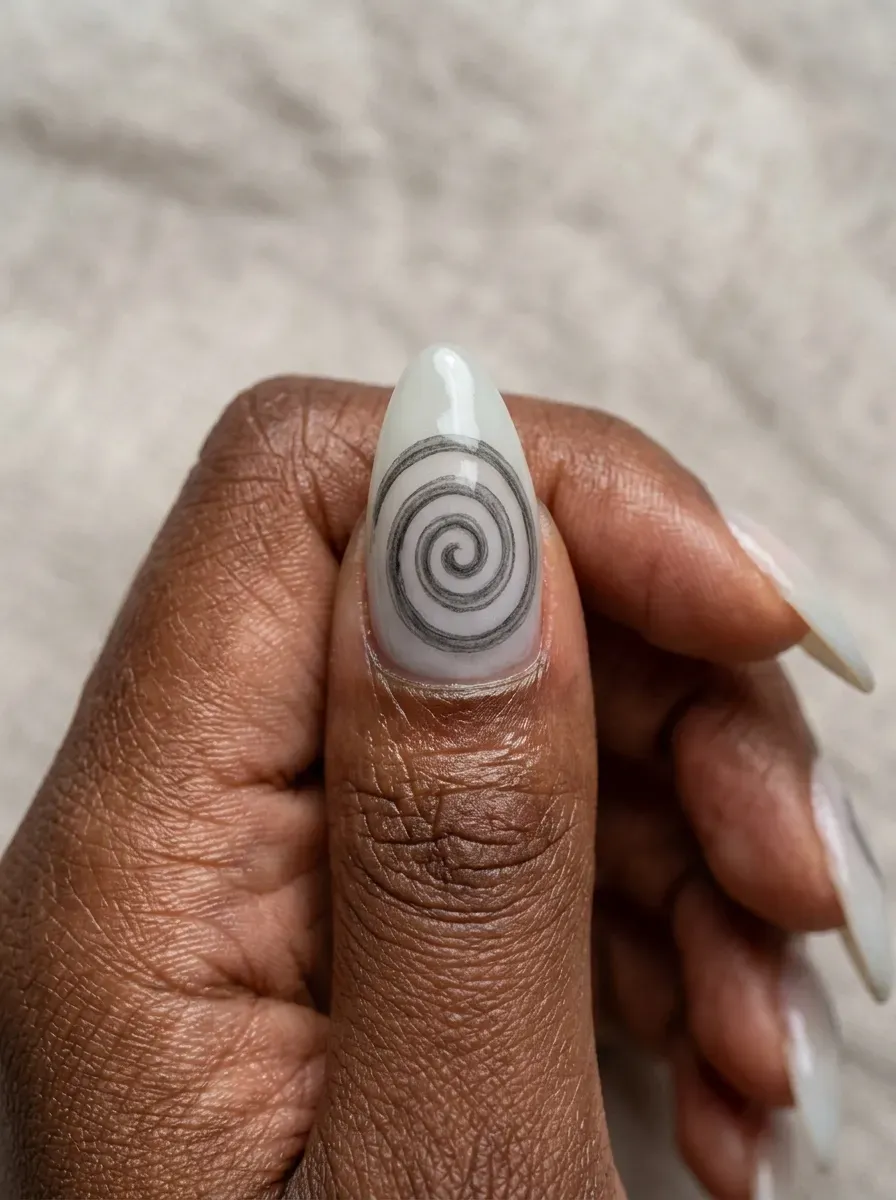 Close-up of a hand-painted spiral swirl nail art pattern