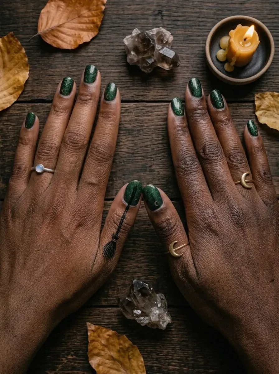 Two accent nails together forming one flying broomstick silhouette split at an angle on deep brown skin and rich dark skin tone